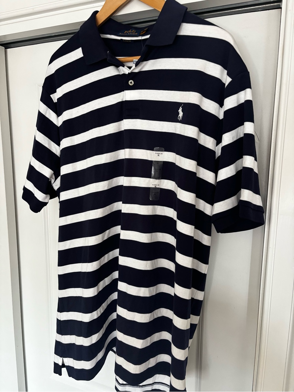Ralph Lauren Navy and White Striped Short-Sleeve Polo - XL